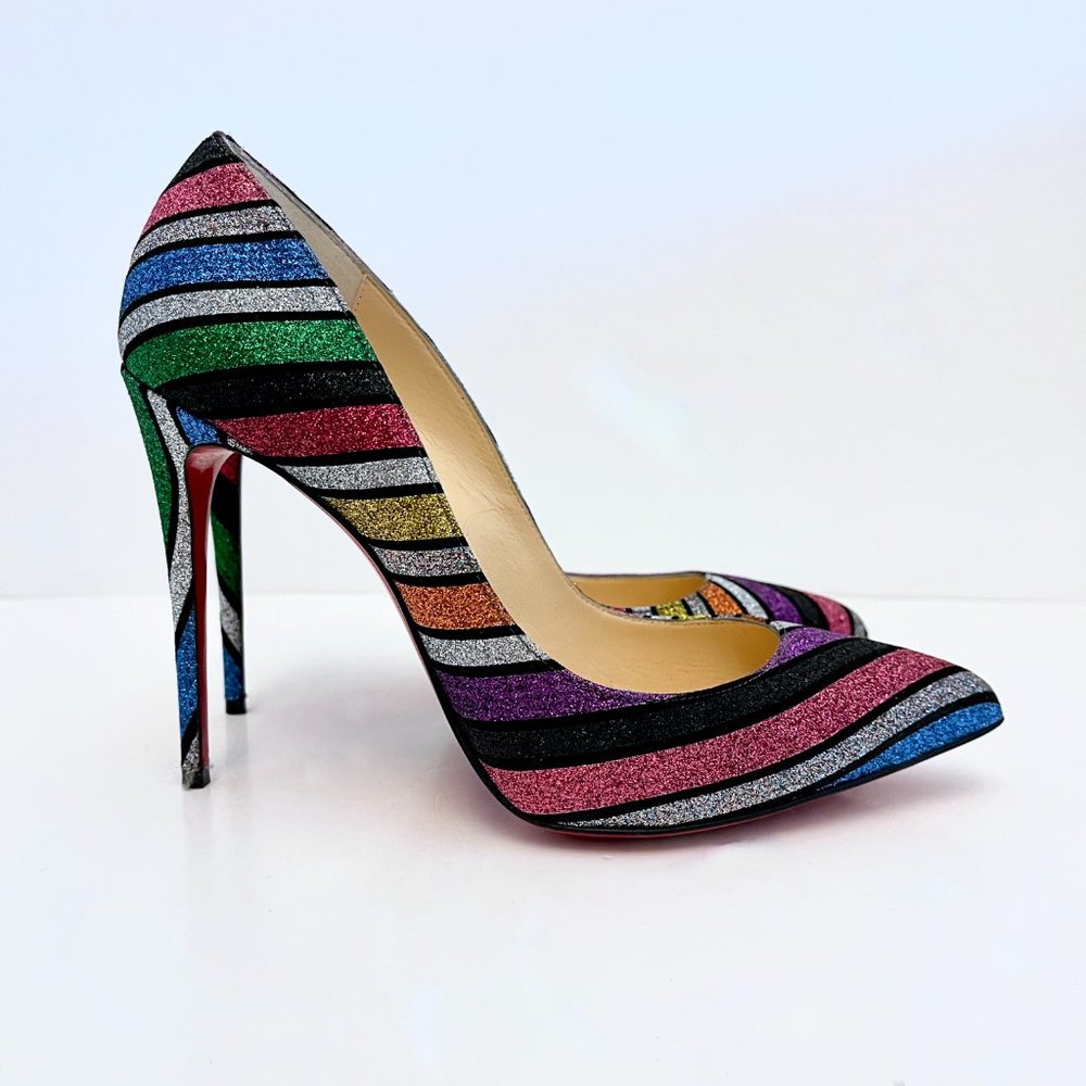Christian Louboutin Pigalle Follies 100 Striped Glitter Pumps Rainbow Multicolor